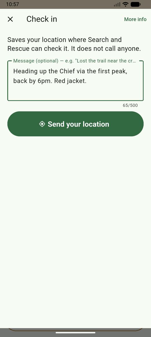 The check-in screen with a message box containing a trip plan.