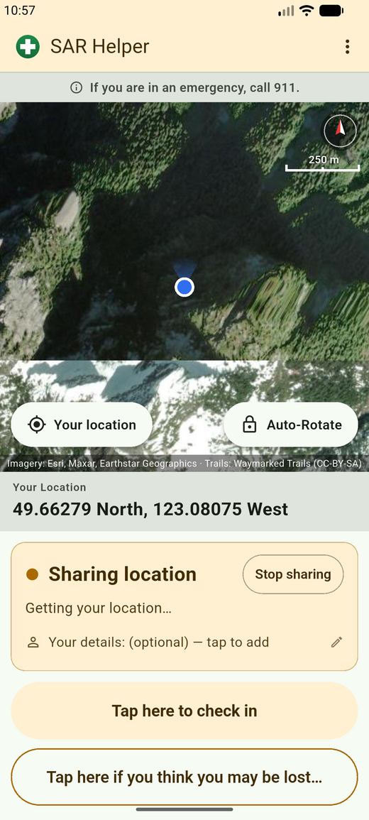 The app's main screen: a map with the hiker's position, the sharing status, and two buttons.
