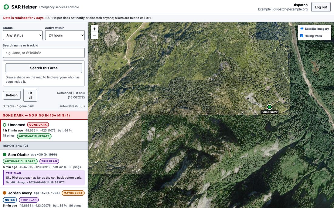 The console: a map of the Squamish area with three tracks, a filter panel, and a list showing one hiker gone dark and one reporting normally.