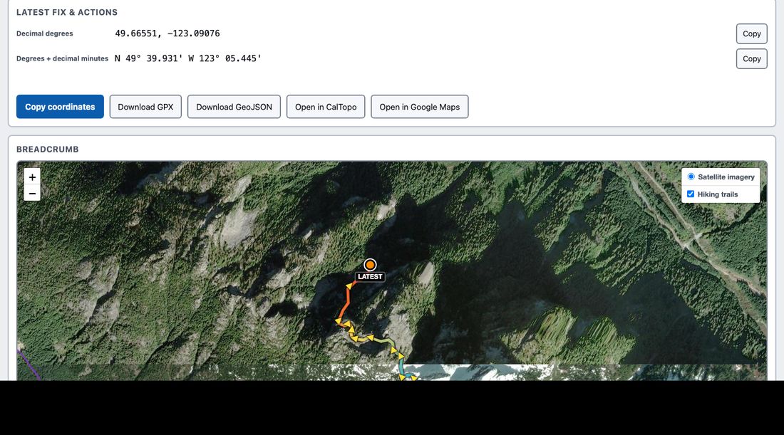The breadcrumb map for one hiker: the walked route in colour from a start marker up to the latest position, above export buttons for GPX, GeoJSON, CalTopo and Google Maps.
