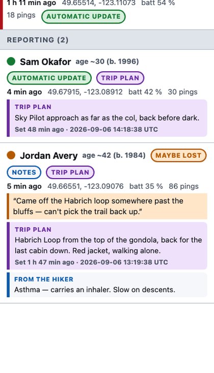 The console list showing Jordan Avery marked MAYBE LOST, with their message about coming off the Habrich loop, their trip plan, and their medical note.