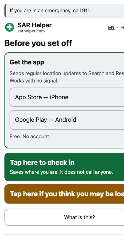 The website as it appears after scanning a trailhead sign: an emergency banner, a Get the app panel, and a link to check in.